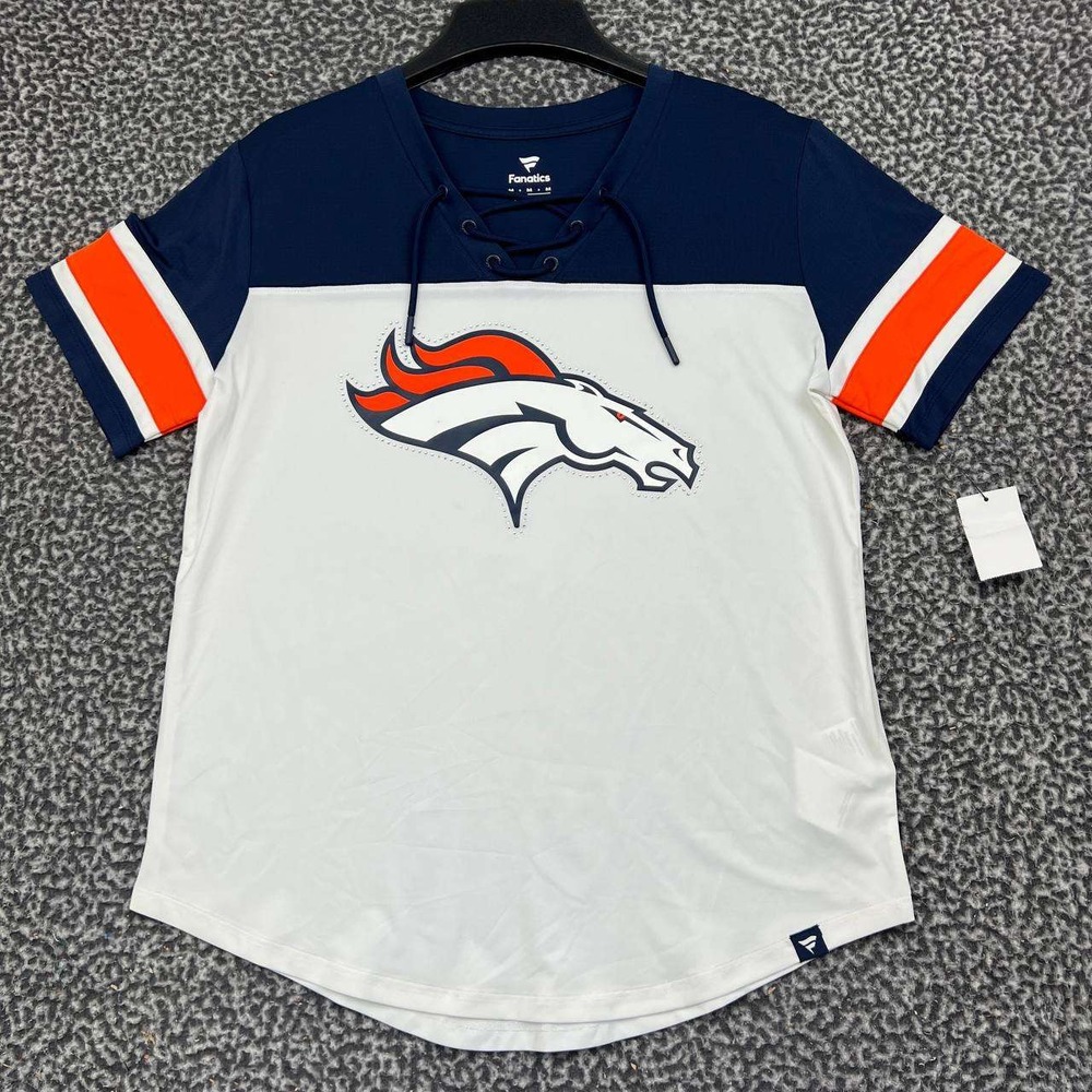 Denver Broncos Shirt Women Medium White Blue Fanatics Lace Up V-Neck New M